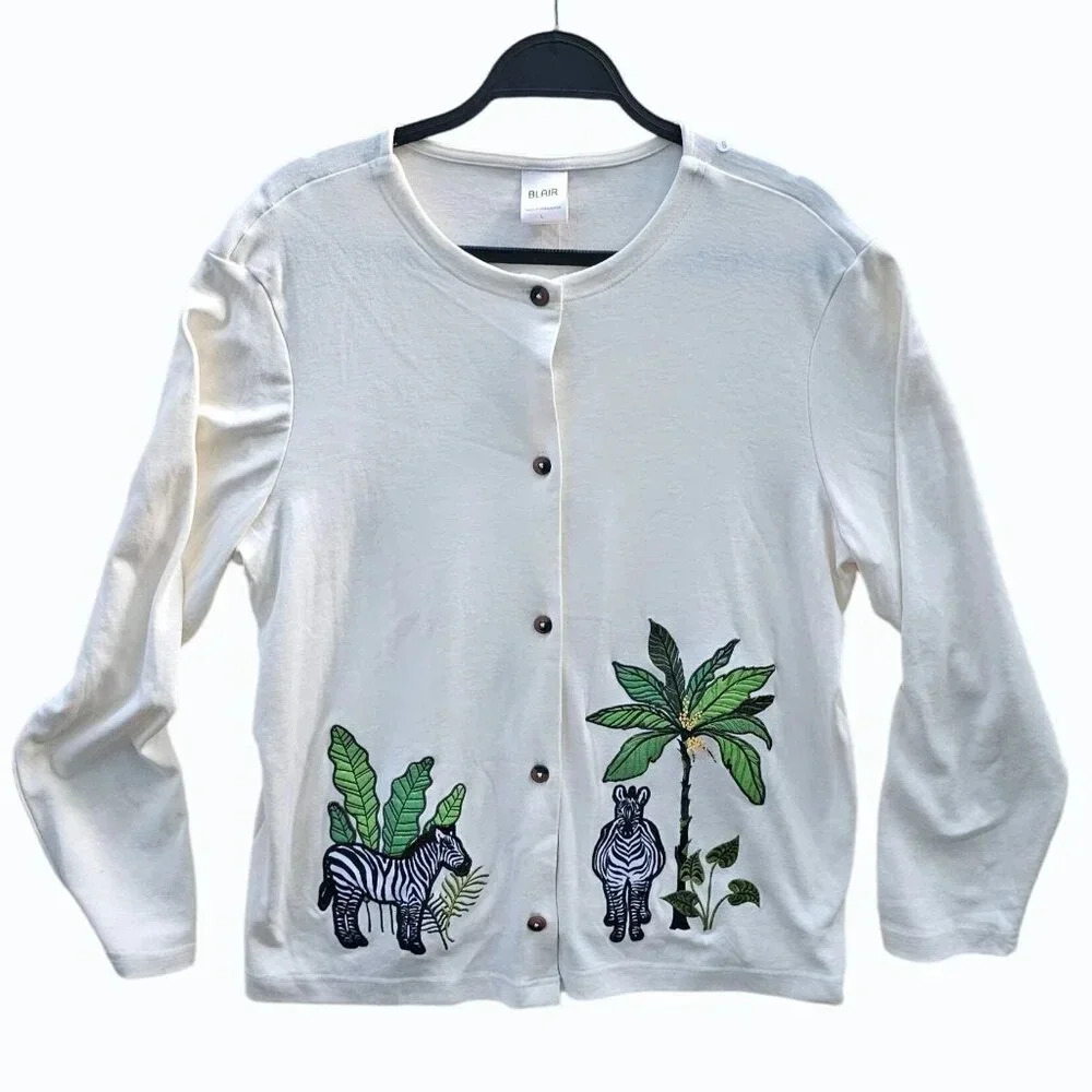 Vtg BLAIR Zebra Embroidered Cardigan Cream Button Front Grannycore Lightweight